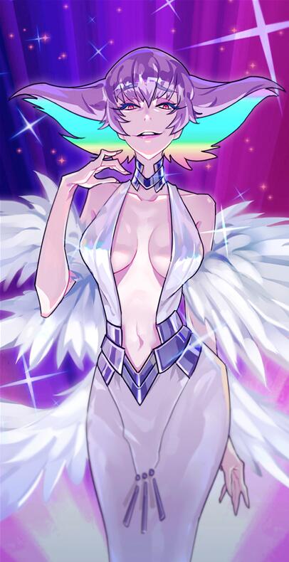 1girl, arm_behind_back, bangs, bare_shoulders, breasts, dress, eyebrows_visible_through_hair, eyeshadow