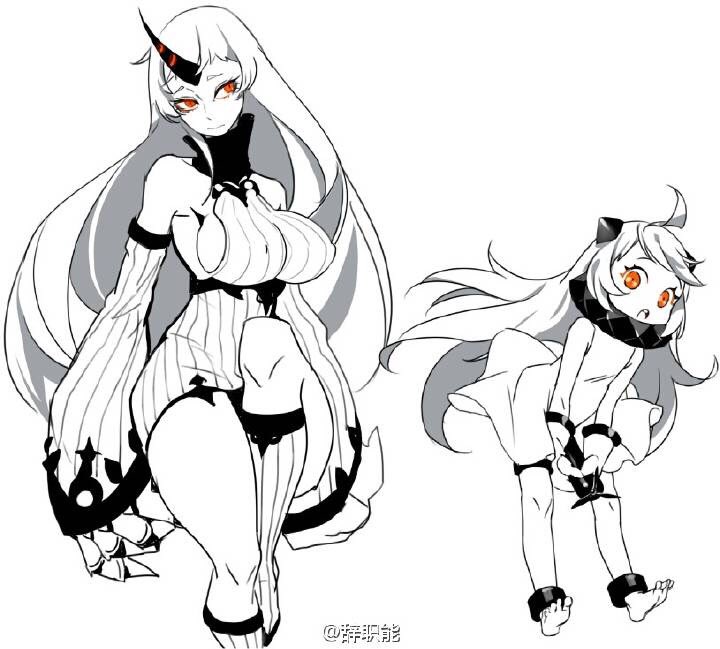 2girls, age_difference, ahoge, bare_shoulders, black_horns, breasts, claws, closed_mouth