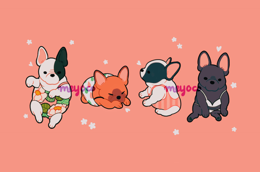 animal, animal_focus, artist_name, bikini, dog, floral_print, flower, french_bulldog, heart, highres, leaf, meyoco, no_humans, one-piece_swimsuit, original, pink_background, pink_swimsuit, simple_background, striped, striped_swimsuit, swimsuit, white_bikini, white_flower