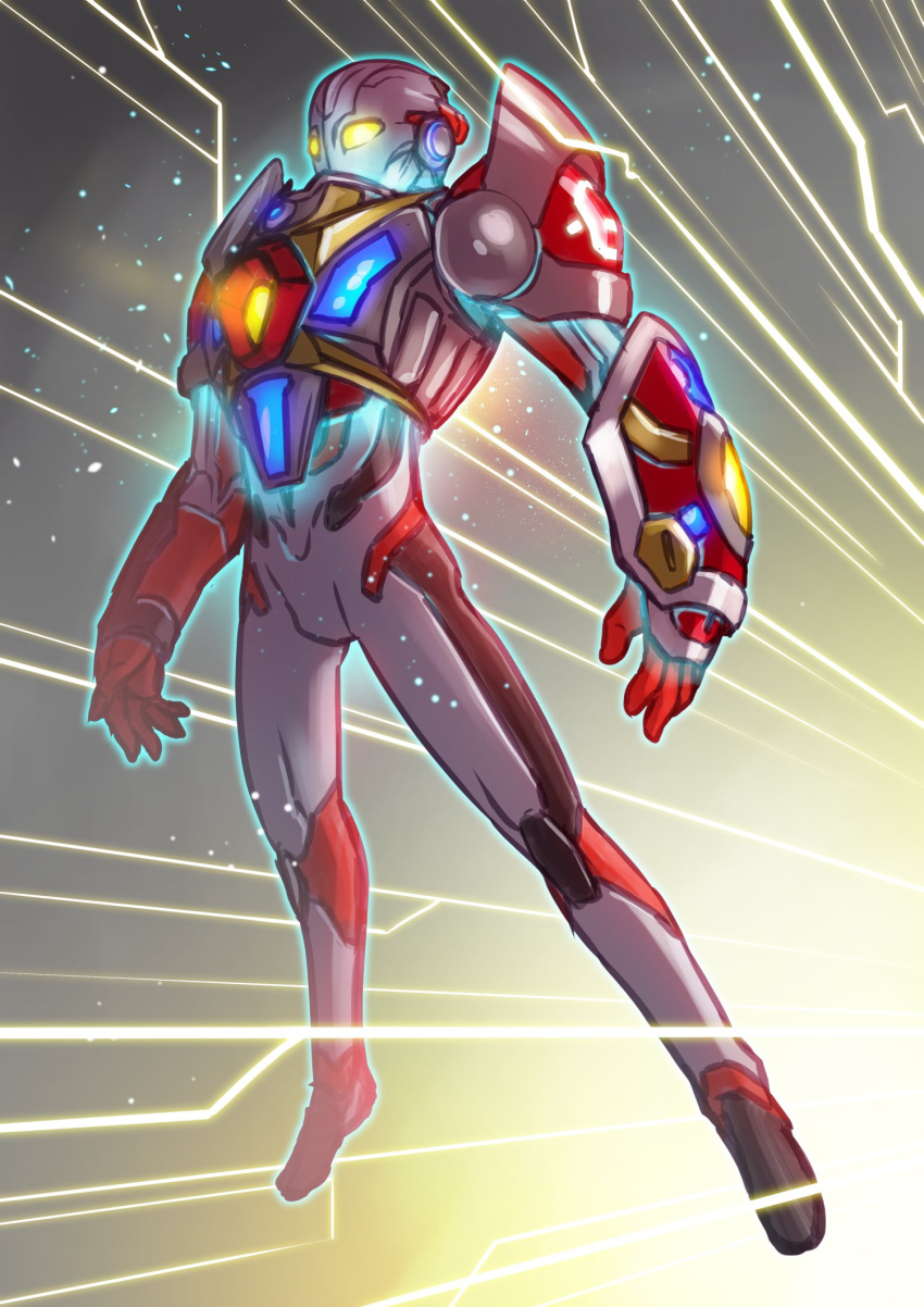 1boy, acceptor, armor, clenched_hands, crossover, denkou_choujin_gridman, gloves, glowing, glowing_eyes, gridman_(character), highres, male_focus, mugi30007073, multiple_boys, no_humans, no_pupils, shoulder_armor, solo, tokusatsu, ultra_series, ultraman_x, ultraman_x_(series), yellow_eyes