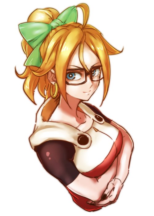 1girl, android_21, bangs, black-framed_eyewear, black_nails, black_shirt, blonde_hair, blue_eyes