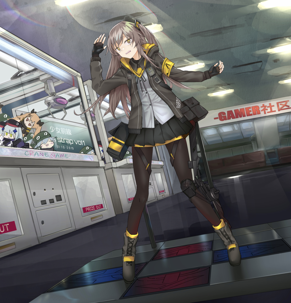 1girl, 404_(girls_frontline), 6ml, arcade, armband, commentary_request, crane_game, exoskeleton