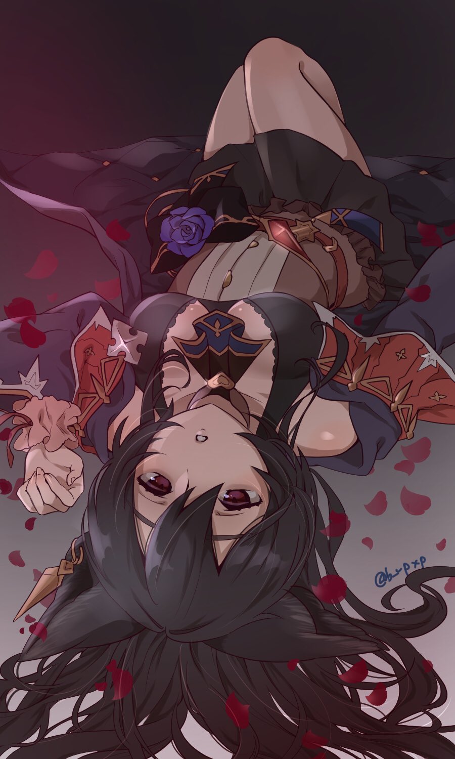 1girl, animal_ears, b_vpxp, black_hair, earrings, erune, flower, granblue_fantasy, hair_between_eyes, highres, jacket, jewelry, long_hair, long_sleeves, lying, niia, on_back, petals, piercing, red_eyes, rose_petals, scrunchie, shirt, skirt, twitter_username