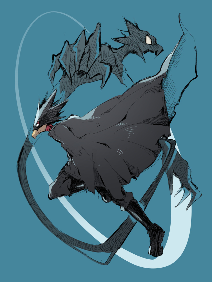 1boy, asuna_(doruru-mon), beak, bird, black_cloak, black_footwear, blue_background, boku_no_hero_academia