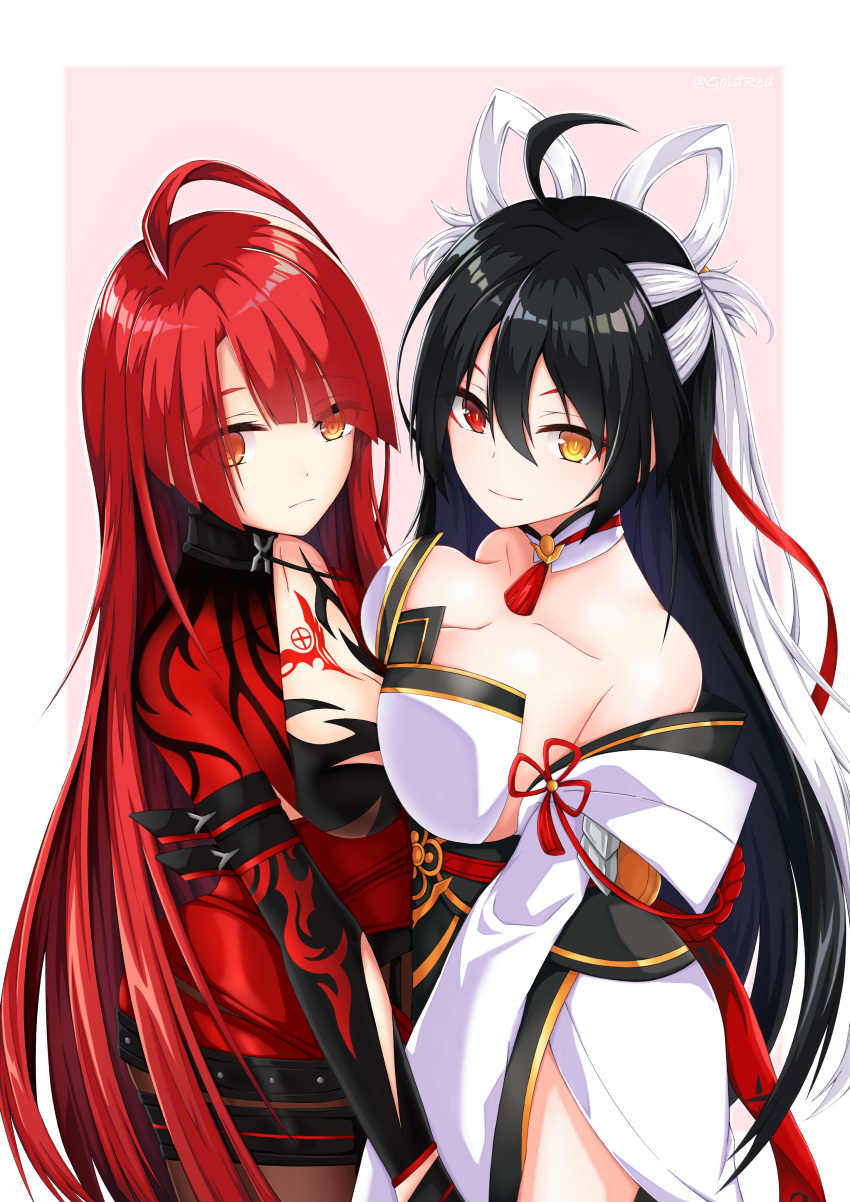 2girls, absurdres, ara_han, bare_shoulders, bloody_queen_(elsword), breast_press, breasts, cleavage