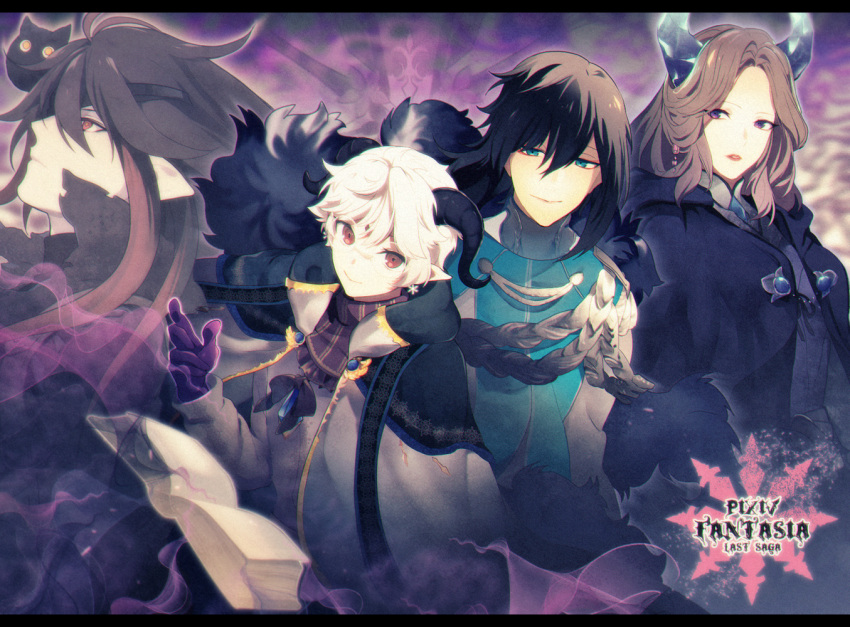 1girl, 3boys, black_capelet, black_cat, black_hair, blue_eyes, book, brown_hair
