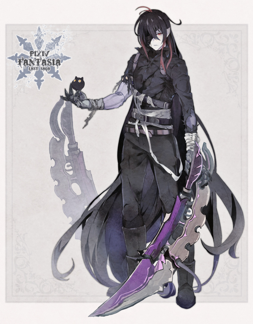 1boy, belt, black_footwear, black_hair, black_pants, blade, claws, copyright_name, dual_wielding, full_body, gloves, gradient_hair, grey_gloves, hair_over_one_eye, highres, holding, long_hair, looking_at_viewer, male_focus, multicolored_hair, murok, pale_skin, pants, pixiv_fantasia_last_saga, planted_weapon, pointy_ears, red_eyes, redhead, rererenoren, simple_background, solo, standing, very_long_hair, weapon