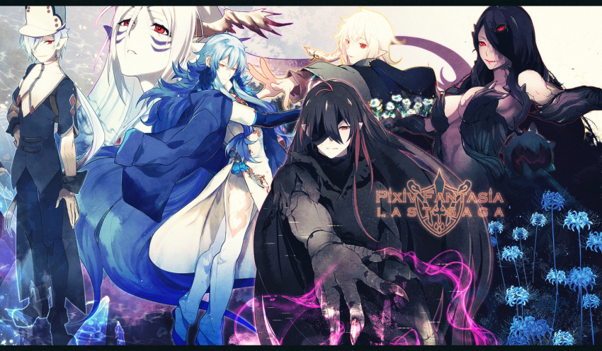 3boys, 3girls, arm_at_side, black_cape, black_hair, black_nails, black_pants, blue_flower, blue_gloves, blue_hair, breasts, cape, claws, cleavage, copyright_name, elbow_gloves, etia_(pixiv_fantasia_last_saga), facepaint, flower, gloves, hair_over_one_eye, hand_on_hip, hat, head_wings, long_hair, magic, multiple_boys, multiple_girls, murok, nail_polish, pants, pixiv_fantasia_last_saga, pointy_ears, primnell, red_eyes, rererenoren, standing, very_long_hair, white_hair, yellow_eyes
