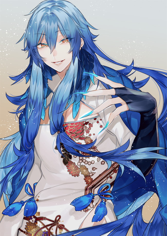 1boy, blue_hair, blue_nails, bridal_gauntlets, brown_eyes, etia_(pixiv_fantasia_last_saga), feathers, floral_print, kotobuki_(medetai), long_hair, looking_at_viewer, male_focus, nail_polish, pixiv_fantasia_last_saga, simple_background, smile, solo, standing, tassel, upper_body, very_long_hair