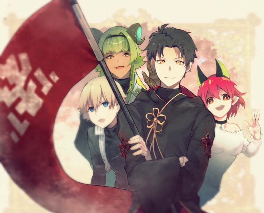 1girl, 3boys, :d, :o, black_choker, black_hair, black_robe, blonde_hair