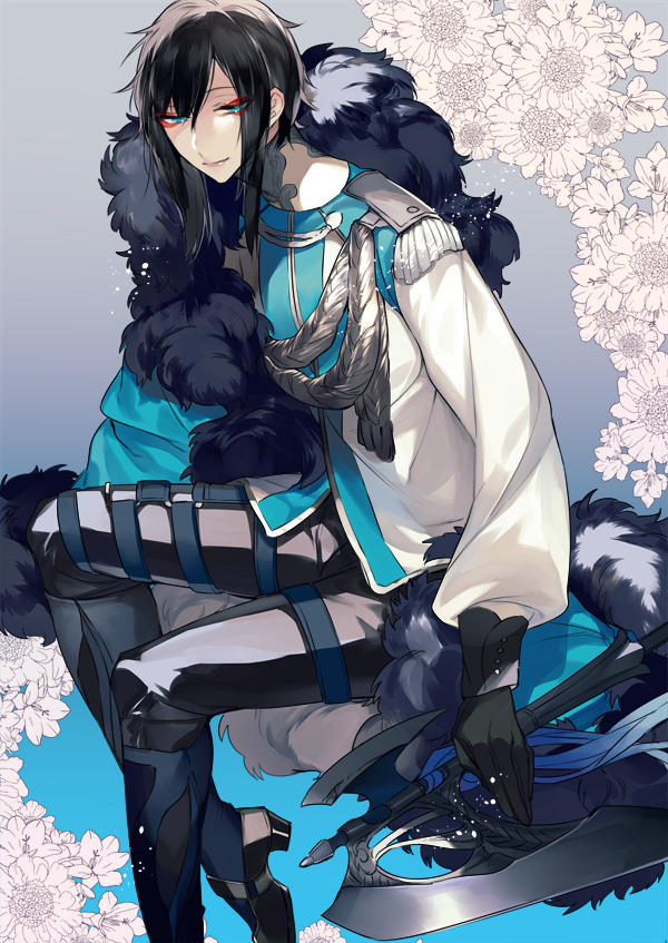 1boy, axe, black_footwear, black_gloves, black_hair, blue_background, blue_eyes, floral_background