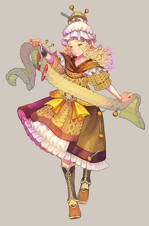 1girl, blonde_hair, bow, brown_dress, brown_footwear, brown_legwear, curly_hair, dress