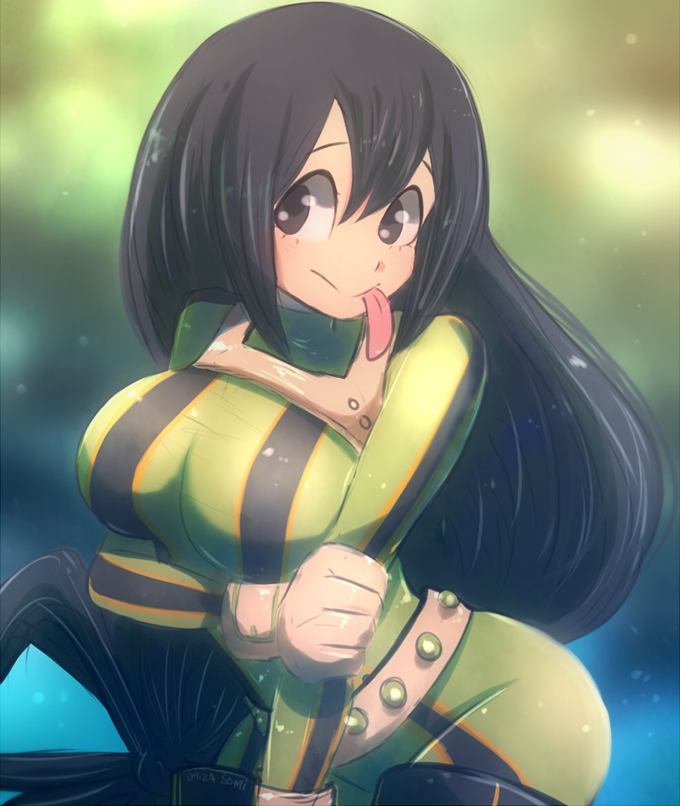 1girl, artist_name, asui_tsuyu, bodysuit, boku_no_hero_academia, gloves, green_bodysuit, green_hair