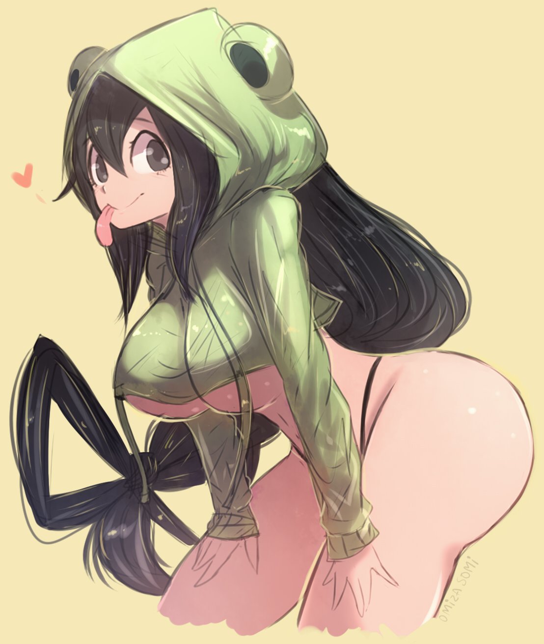 1girl, artist_name, asui_tsuyu, boku_no_hero_academia, breasts, frog_hood, green_hair, hair_between_eyes, heart, highres, long_hair, looking_at_viewer, simple_background, smile, solo, tongue, tongue_out, under_boob