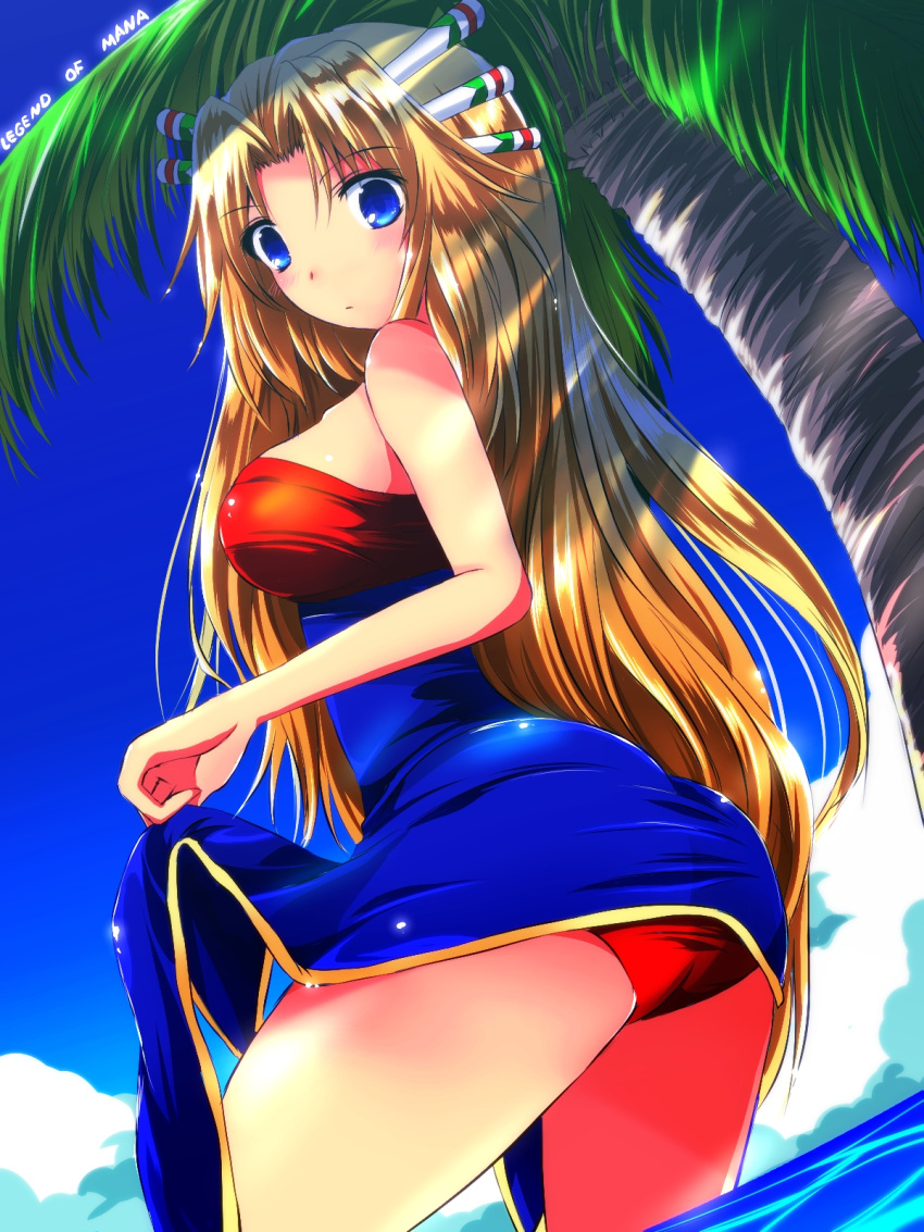 1girl, :d, armband, bangs, bare_shoulders, beach, blonde_hair, blue_dress, blue_eyes, blush, breasts, brown_hair, closed_mouth, criss-cross_halter, detached_sleeves, dress, fur_trim, green_background, green_eyes, hair_ornament, hair_tubes, halter_top, halterneck, highres, house, imu_(lom), jewelry, legend_of_mana, long_hair, looking_at_viewer, medium_breasts, miniature, nekominase, open_mouth, polearm, seiken_densetsu, smile, solo, upper_body, weapon