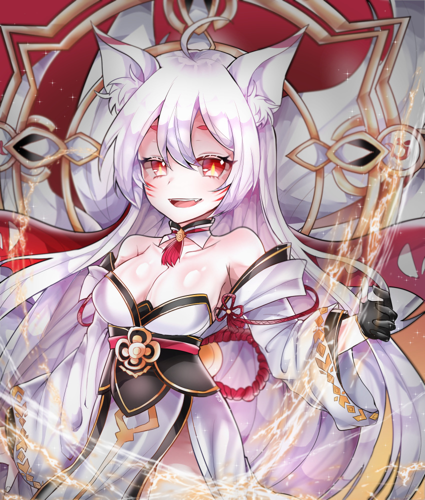 1girl, ahoge, animal_ears, ara_han, breasts, cleavage, collarbone, detached_sleeves