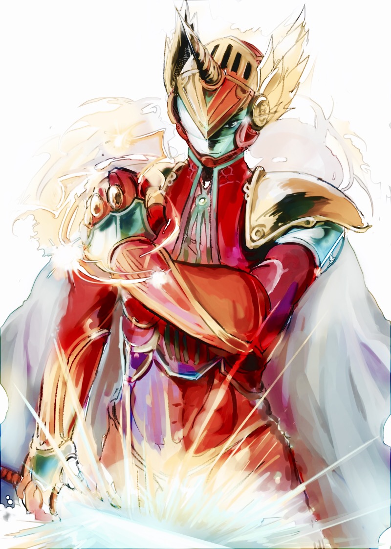 1boy, 72yan, alkaiser, armor, cape, dorsiflexion, dual_persona, energy_sword