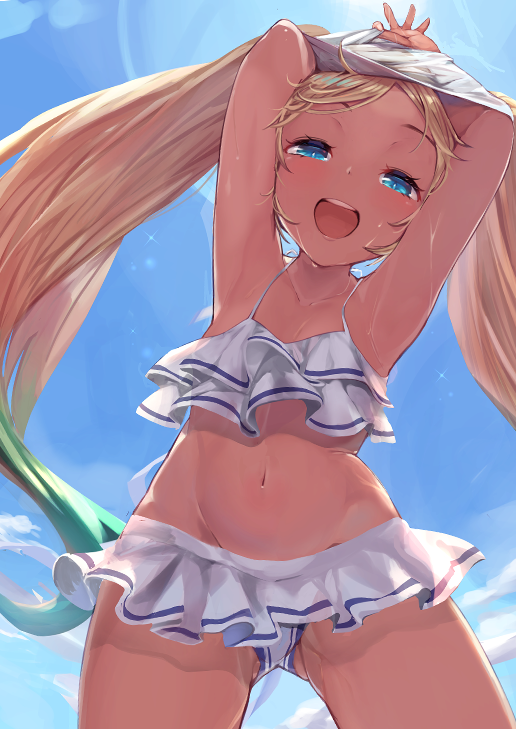 1girl, arms_up, ass_visible_through_thighs, bikini, bikini_skirt, blonde_hair, blue_eyes, blush