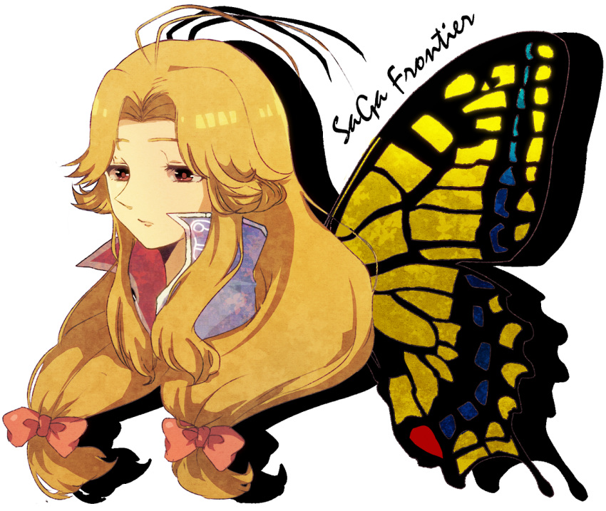 ahoge, antenna_hair, blonde_hair, bug, butterfly, butterfly_wings, hair_ribbon, insect