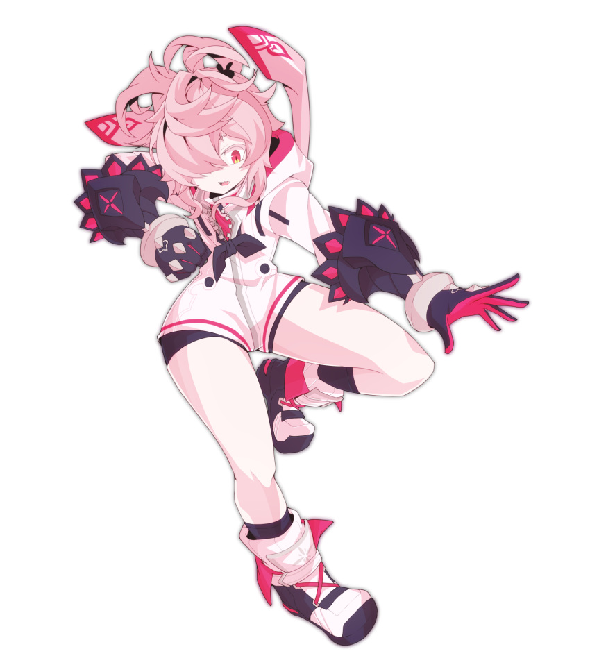 1girl, elsword, gauntlets, hair_over_one_eye, highres, hood, hooded_jacket, jacket