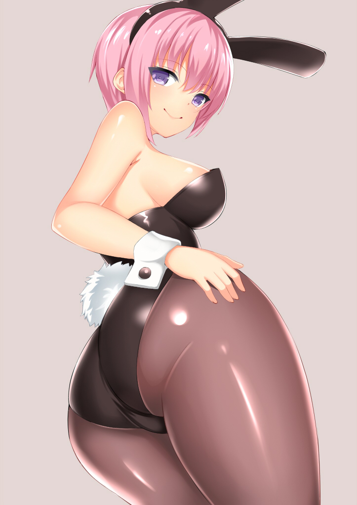1girl, animal_ears, ass, blue_eyes, breasts, brown_background, bunny_girl, bunny_tail, bunnysuit, cowboy_shot, fishnet_pantyhose, fishnets, from_below, go-toubun_no_hanayome, grey_background, large_breasts, looking_at_viewer, nakano_ichika, pantyhose, pink_hair, rabbit_ears, short_hair, simple_background, smile, solo, tail, toshishikisai, wrist_cuffs