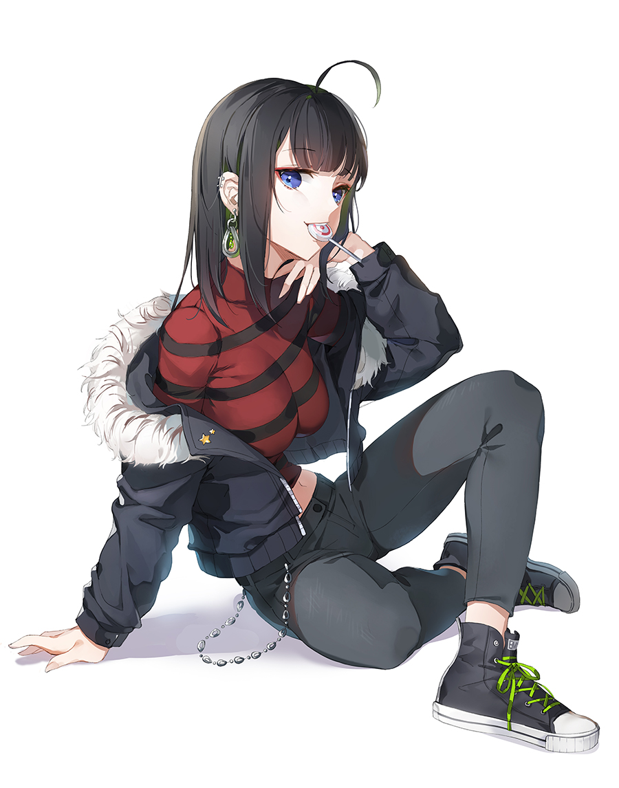 1girl, ahoge, arm_support, black_footwear, black_hair, black_jacket, black_pants, blue_eyes, breasts, candy, chin_rest, ear_piercing, earrings, food, full_body, fur_collar, hand_up, jacket, jewelry, large_breasts, lollipop, long_hair, long_sleeves, looking_at_viewer, midriff, mouth_hold, navel, off_shoulder, open_clothes, open_jacket, original, pants, piercing, red_shirt, shadow, shirt, shoes, sidelocks, simple_background, sitting, sneakers, solo, star, striped, striped_shirt, white_background, yumaomi