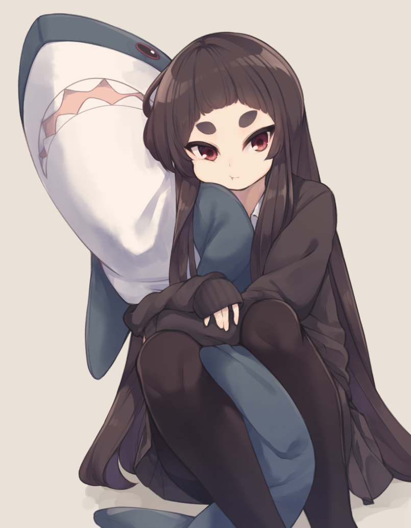 1girl, :t, bangs, brown_background, brown_cardigan, brown_hair, brown_legwear, brown_skirt, cardigan, closed_mouth, ikea_shark, kuranami_shiki, long_hair, long_sleeves, natsuki_teru, object_hug, original, pantyhose, pleated_skirt, red_eyes, shadow, short_eyebrows, sitting, skirt, sleeves_past_wrists, solo, stuffed_animal, stuffed_shark, stuffed_toy, thick_eyebrows, v-shaped_eyebrows, very_long_hair