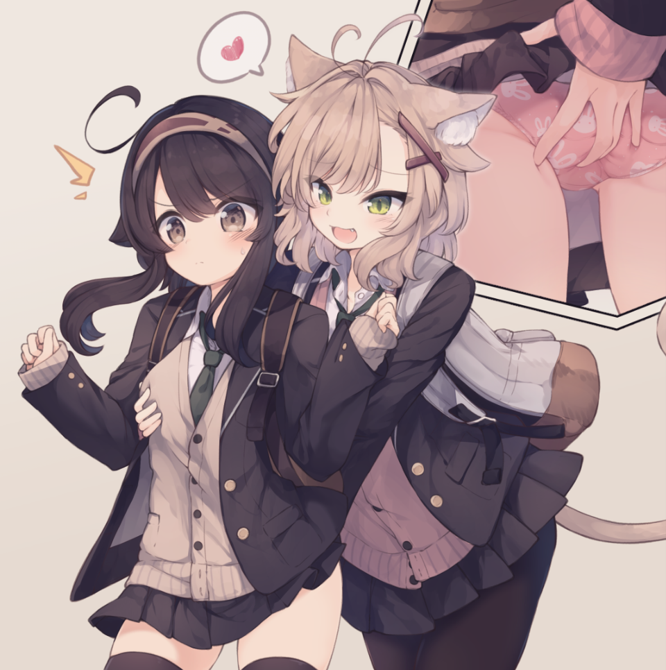 /\/\/\, 2girls, :d, ahoge, animal_ear_fluff, animal_ears, animal_print, antenna_hair