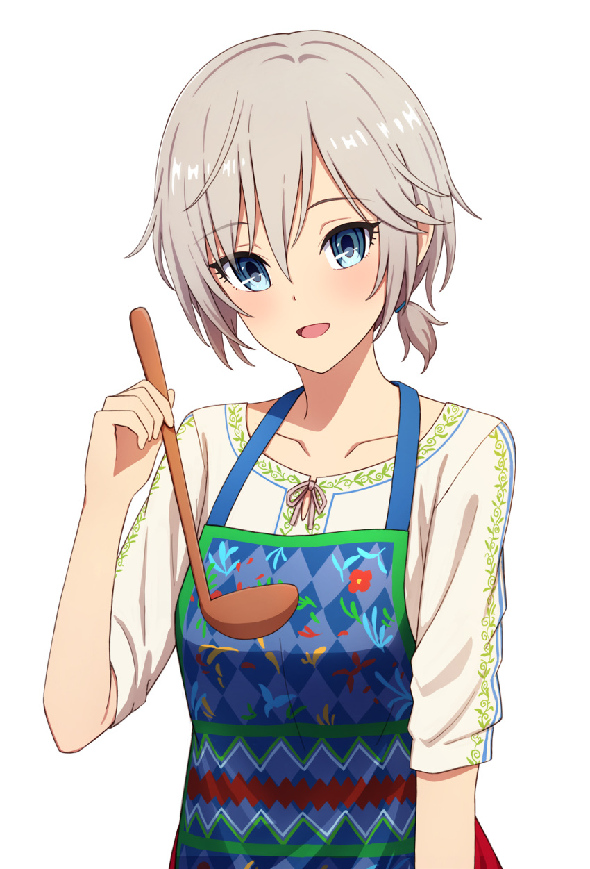 1girl, :d, anastasia_(idolmaster), apron, argyle, argyle_apron, bangs, blue_apron, blush, collarbone, eyebrows_visible_through_hair, grey_hair, hair_tie, highres, holding, idolmaster, idolmaster_cinderella_girls, ladle, looking_at_viewer, open_mouth, shirt, short_hair, short_ponytail, short_sleeves, smile, solo, upper_body, white_shirt, yahiro_(epicopeiidae)