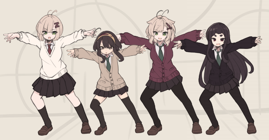 4girls, :d, antenna_hair, bangs, black_cardigan, black_legwear, black_skirt, blush
