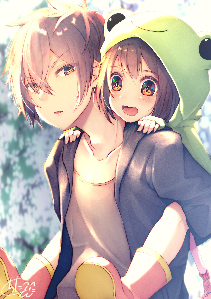 1boy, 1girl, :d, bangs, black_jacket, blurry, blurry_background, blush