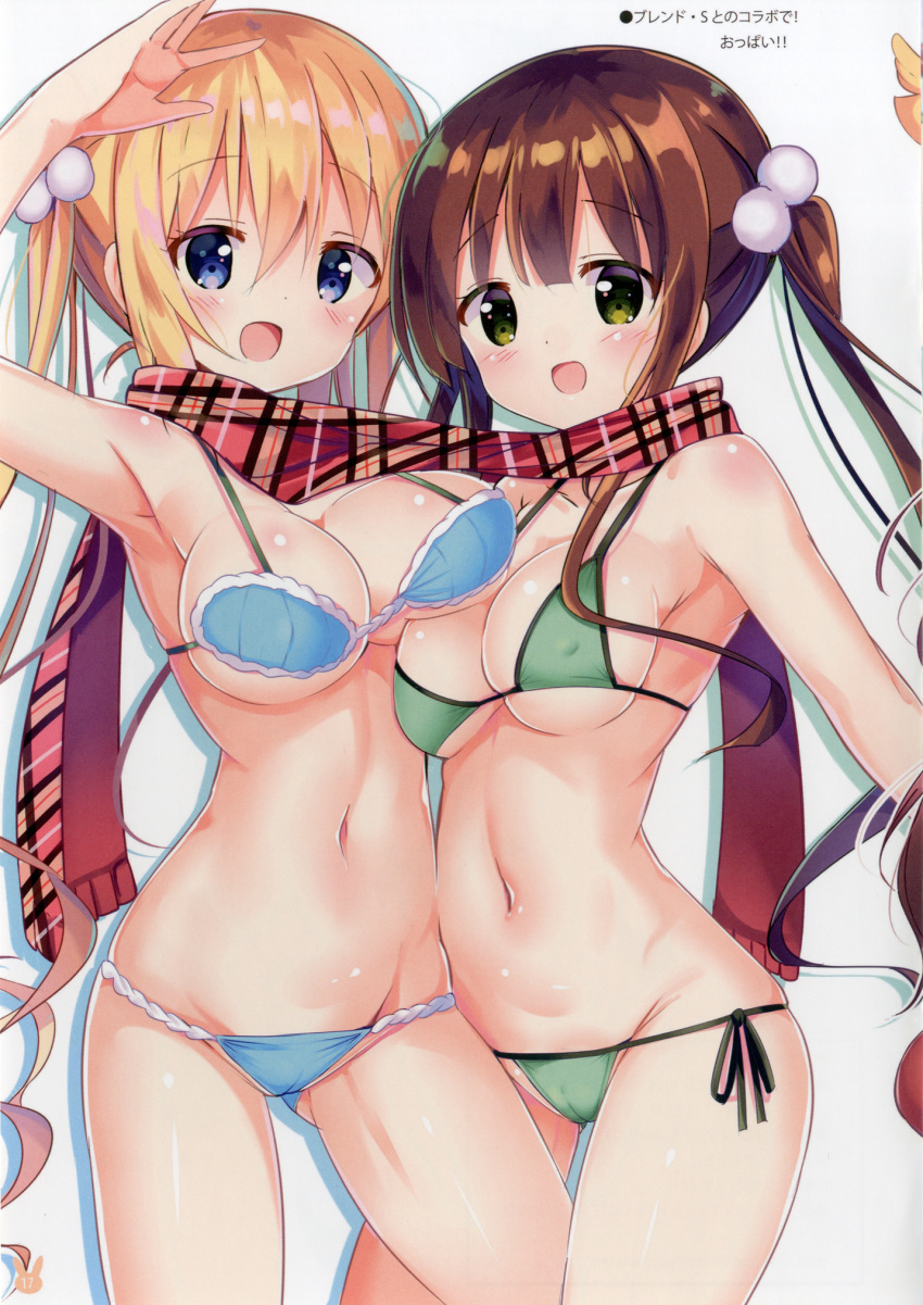 2girls, :d, arm_up, bangs, bikini, blend_s, blonde_hair, blue_bikini