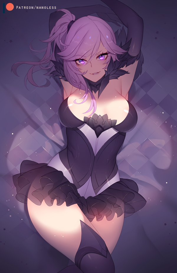 1girl, arms_up, black_gloves, black_legwear, black_skirt, breasts, cleavage, dark_elementalist_lux, elbow_gloves, elementalist_lux, frilled_skirt, frills, gloves, large_breasts, league_of_legends, looking_at_viewer, luxanna_crownguard, nanoless, patreon_username, purple_hair, short_hair, side_ponytail, skirt, solo, thigh-highs, violet_eyes