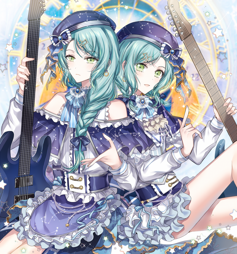 2girls, alternate_hairstyle, aqua_hair, bang_dream!, beret, blue_bow, blue_dress, blue_hat