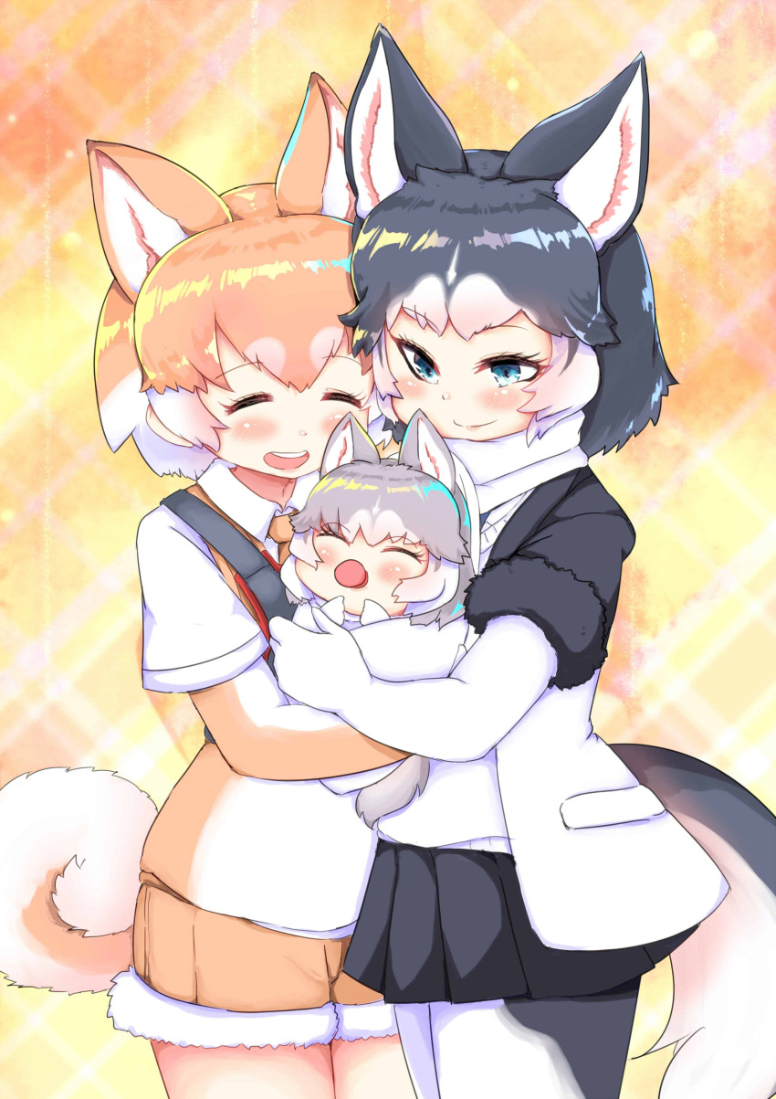 3girls, absurdres, animal_ear_fluff, animal_ears, baby, black_hair, blue_eyes, blush, child, closed_eyes, collared_shirt, commentary_request, cowboy_shot, dog_(kemono_friends), dog_(mixed_breed)_(kemono_friends), dog_ears, dog_tail, elbow_gloves, extra_ears, eyebrows_visible_through_hair, fur_trim, gloves, grey_hair, harness, highres, holding_baby, hug, kemono_friends, light_brown_hair, multicolored_hair, multiple_girls, necktie, open_mouth, pantyhose, pleated_skirt, scarf, shima_noji_(dash_plus), shirt, short_hair, short_shorts, short_sleeves, shorts, siberian_husky_(kemono_friends), skirt, smile, sweater, tail, white_hair, younger