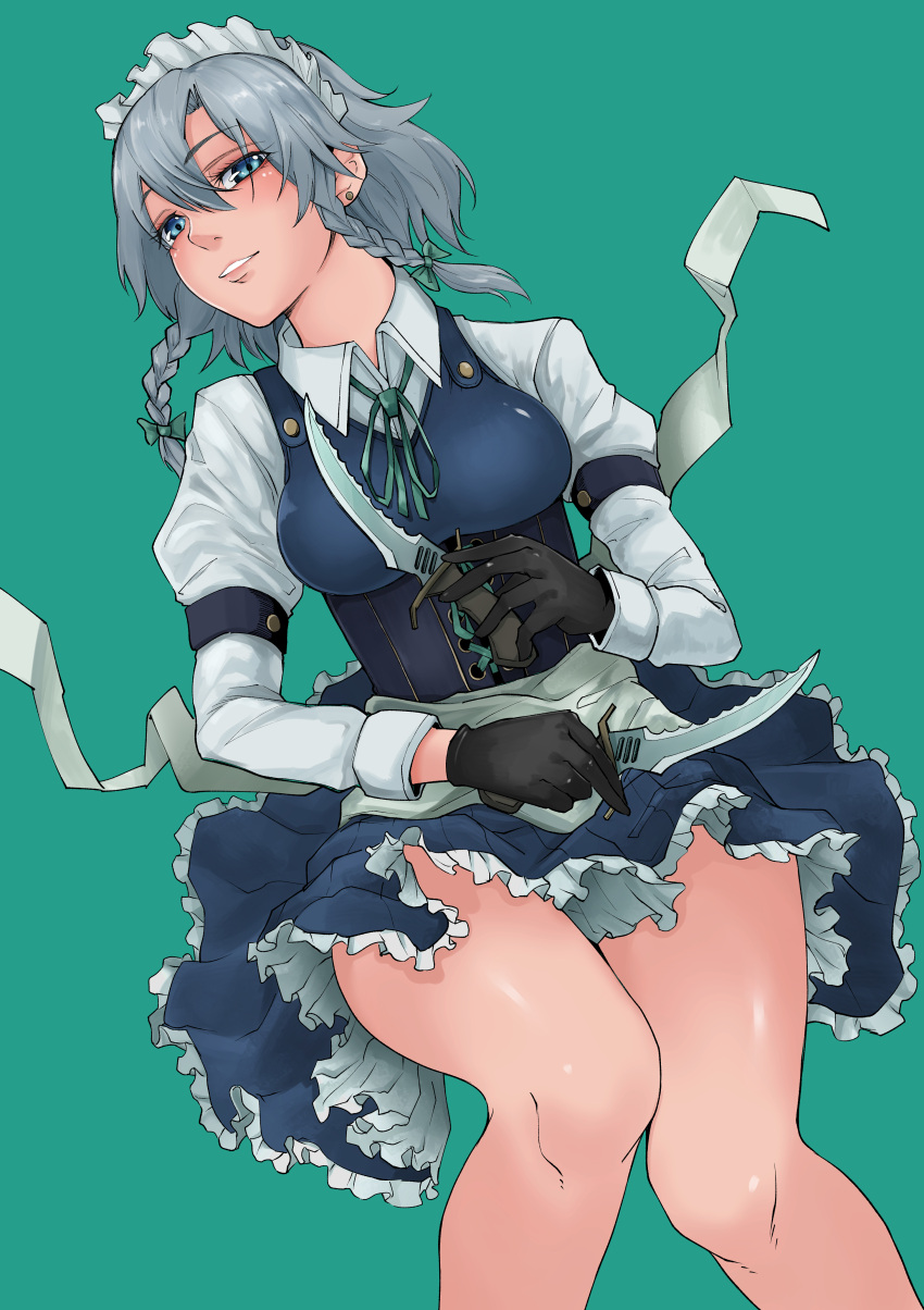 1girl, absurdres, apron, bangs, black_gloves, blue_dress, blue_eyes, blush, bow, braid, breasts, commentary_request, corset, dress, dual_wielding, ear_piercing, eyebrows_visible_through_hair, feet_out_of_frame, gloves, green_background, green_bow, green_neckwear, green_ribbon, grin, hair_between_eyes, hair_bow, highres, holding, holding_knife, holding_weapon, izayoi_sakuya, juliet_sleeves, knife, long_sleeves, looking_at_viewer, maid, maid_apron, maid_headdress, medium_breasts, neck_ribbon, omigawa_namari, parted_lips, petticoat, piercing, puffy_sleeves, ribbon, shirt, short_dress, short_hair, silver_hair, simple_background, smile, solo, thighs, touhou, twin_braids, waist_apron, weapon, white_apron, white_shirt