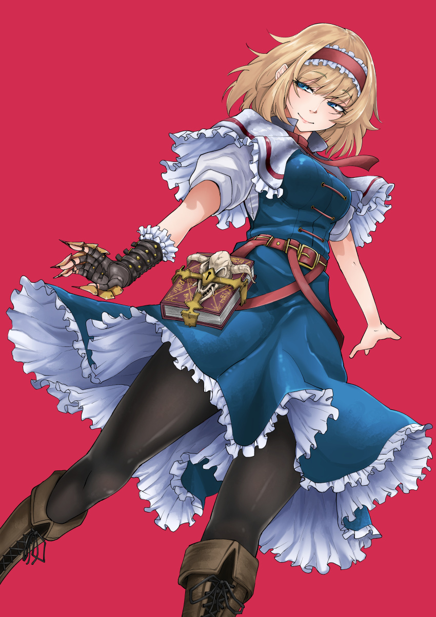 1girl, absurdres, alice_margatroid, animal_skull, bangs, belt, black_legwear, blonde_hair, blue_dress, blue_eyes, book, boots, breasts, brown_footwear, capelet, claws, closed_mouth, commentary_request, cross-laced_footwear, dress, dutch_angle, eyebrows_visible_through_hair, eyelashes, feet_out_of_frame, fingerless_gloves, frilled_capelet, frilled_hairband, frills, gloves, grimoire_of_alice, hairband, half-closed_eyes, highres, keyhole, lace-up_boots, light_smile, lolita_hairband, medium_breasts, omigawa_namari, outstretched_arms, pantyhose, petticoat, pink_lips, puffy_short_sleeves, puffy_sleeves, red_background, red_belt, red_hairband, red_neckwear, shirt, short_dress, short_hair, short_sleeves, simple_background, single_glove, skull, solo, standing, thighs, touhou, white_capelet, white_shirt