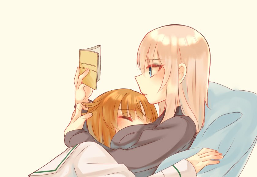 2girls, bad_id, bad_twitter_id, bangs, blouse, blue_eyes, book, brown_hair