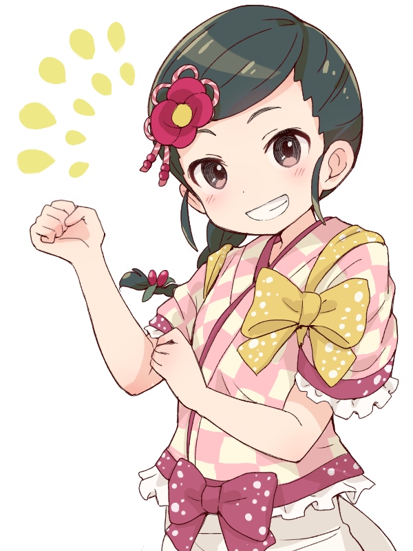1girl, bangs, black_hair, blush, bow, braid, brown_eyes, checkered