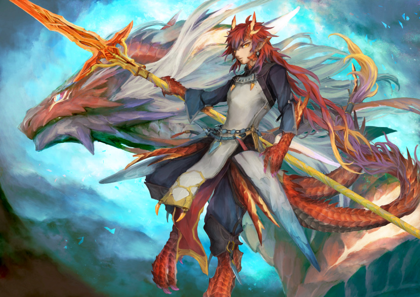 1boy, blue_sky, dragon, dragon_boy, full_body, haku_(shirogane), highres, holding, holding_spear, holding_weapon, horns, lizard_tail, long_hair, looking_at_viewer, outdoors, pixiv_fantasia_last_saga, pointy_ears, polearm, redhead, sky, solo, spear, standing, tail, very_long_hair, weapon