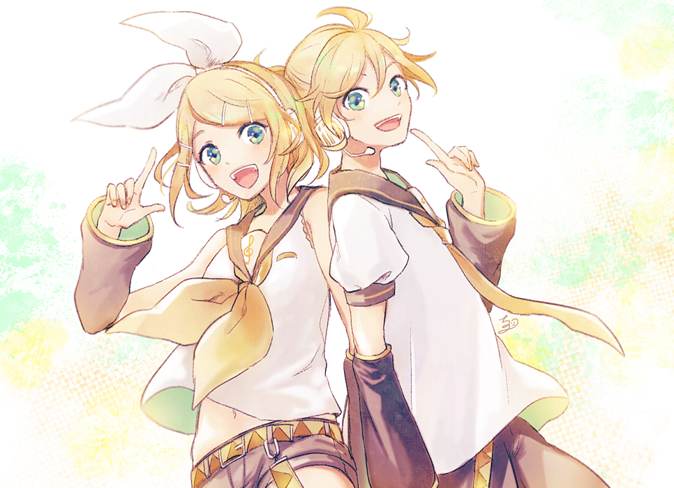 1boy, 1girl, :d, arm_at_side, back-to-back, belt, blonde_hair, brother_and_sister