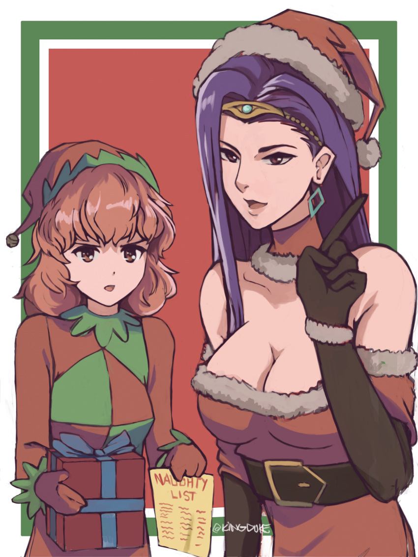 2girls, absurdres, bare_shoulders, bell, belt, black_gloves, breasts, brown_eyes