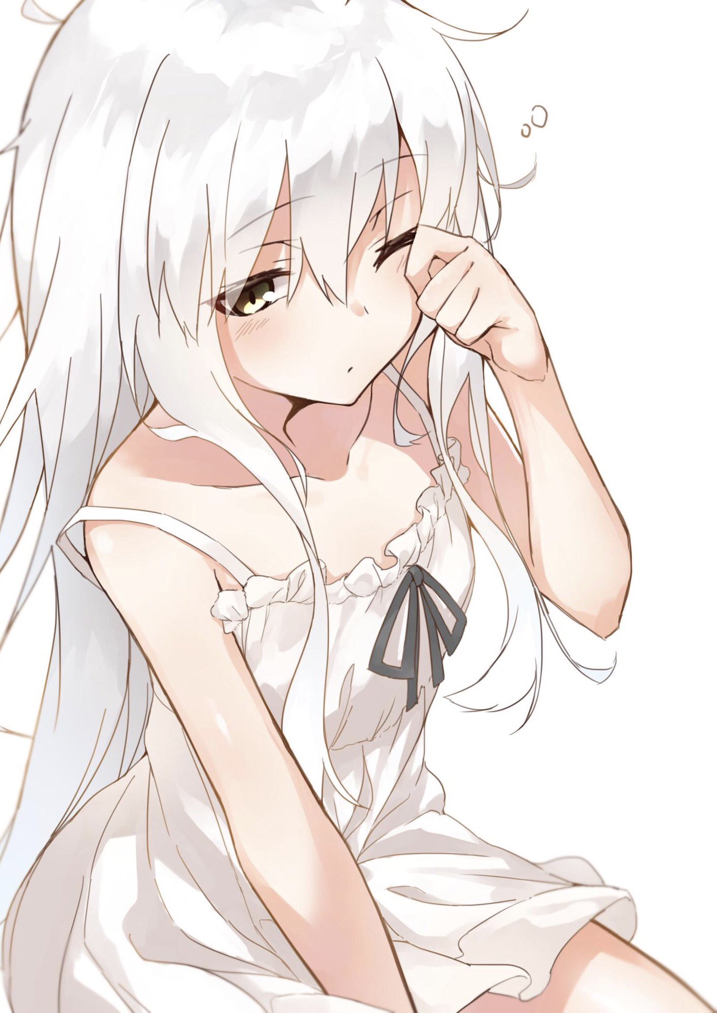 1girl, arm_between_legs, bare_arms, bare_shoulders, black_ribbon, blush, brown_eyes, collarbone