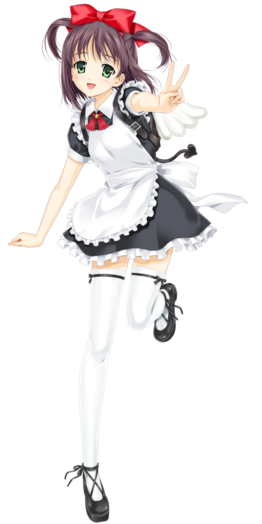 1girl, apron, backpack, bag, bangs, black_footwear, black_shoes, blush