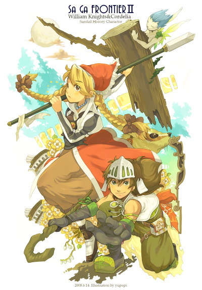 1girl, blonde_hair, blue_hair, braid, brown_hair, character_name, cordelia_(saga_frontier_2), elbow_gloves