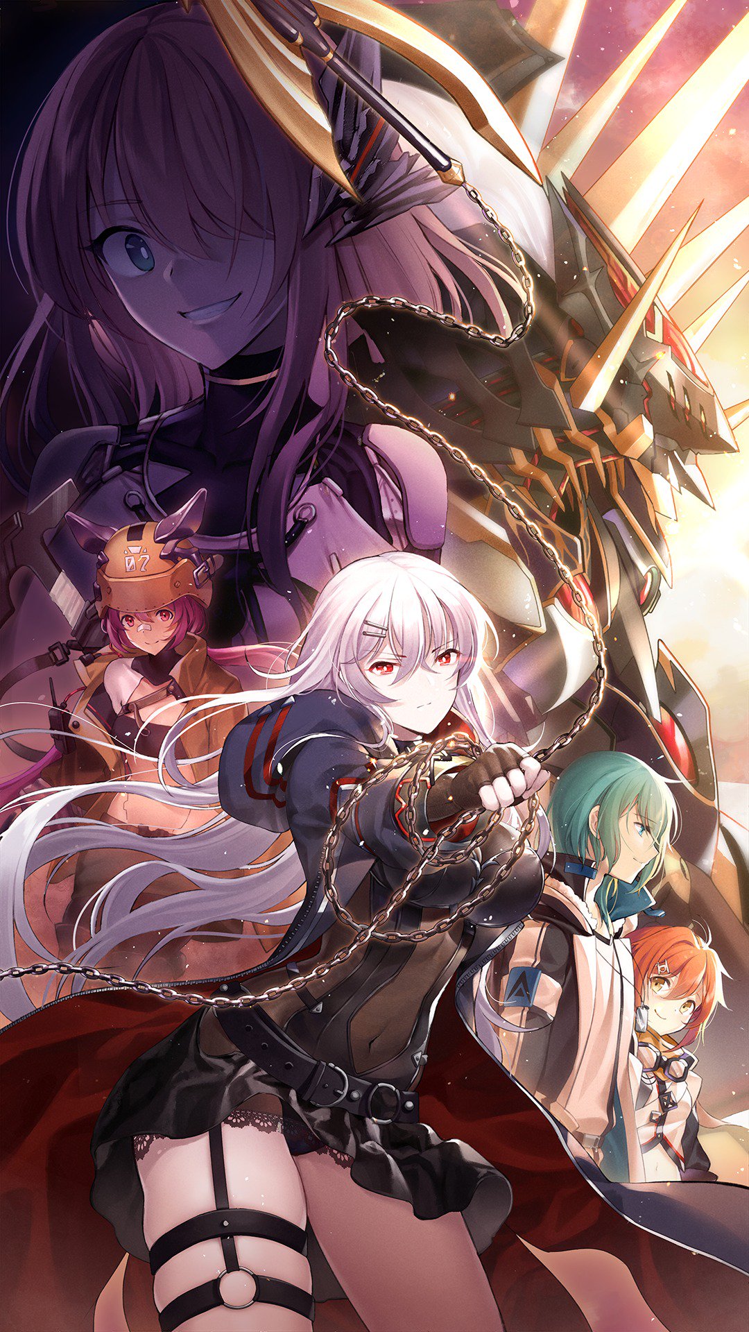 5girls, alto_(iron_saga), aqua_hair, bandeau, bangs, black_skirt, blue_eyes, breasts, closed_mouth, coat, crossed_bangs, elena_(iron_saga), eyebrows_visible_through_hair, fingerelss_gloves, fingerless_gloves, flail, floating_hair, gloves, goggles, goggles_on_headwear, grin, hair_ornament, hair_over_one_eye, hairclip, helmet, highres, holding, holding_chain, holding_weapon, iron_saga, large_breasts, leg_wrap, light_particles, logo, long_hair, looking_at_viewer, mecha, multiple_girls, nana_(iron_saga), official_art, partial_bodysuit, philomelalilium, purple_hair, red_eyes, redhead, scarf, sharo_(iron_saga), short_hair, sidelocks, skirt, smile, thigh_strap, very_long_hair, weapon