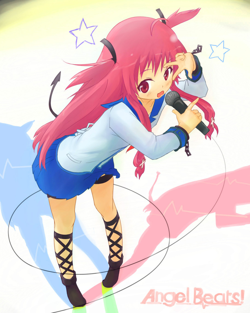 1girl, angel_beats!, ankle_lace-up, bangs, blue_skirt, cross-laced_footwear, cuffs, emblem, eyebrows_visible_through_hair, full_body, hair_ornament, highres, holding, key_(company), leg_ribbon, long_hair, long_sleeves, looking_at_viewer, microphone, music, open_eyes, open_mouth, pink_eyes, pink_hair, ribbon, rutinium, school_uniform, serafuku, shirt, simple_background, singing, skirt, sleeve_cuffs, solo, star, tail, thigh_strap, twintails, v, very_long_hair, white_shirt, yui_(angel_beats!)