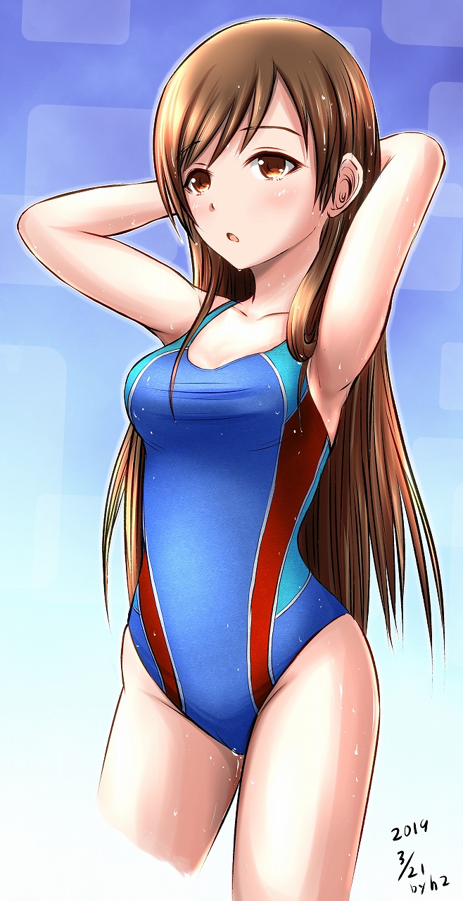 1girl, arms_behind_head, arms_up, artist_name, blue_background, blue_swimsuit, brown_eyes, brown_hair