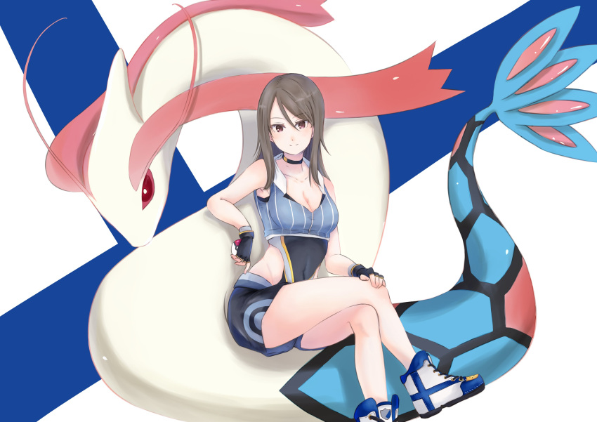 1girl, absurdres, arm_rest, bangs, black_choker, black_gloves, black_leotard, black_shorts