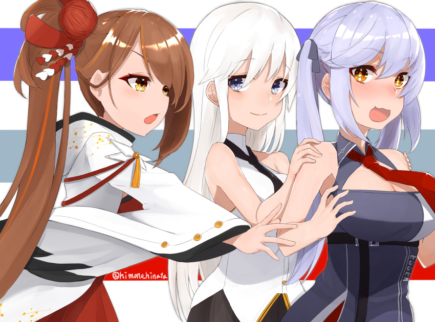 3girls, azur_lane, bangs, bare_shoulders, black_neckwear, blush, breasts, brown_hair